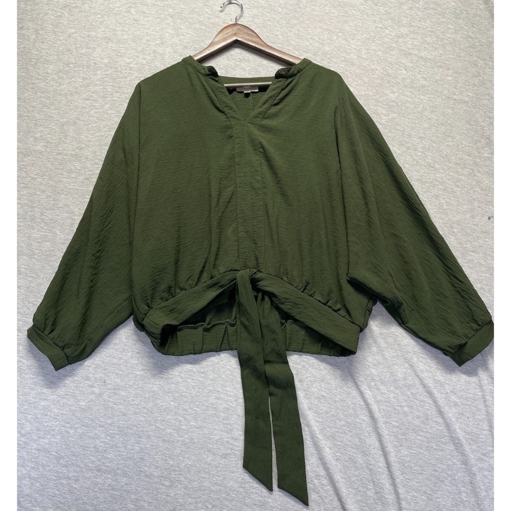 Chenault Blouse Top Womens Large Olive Green Dolman Sleeve Split Neck Tie Hem